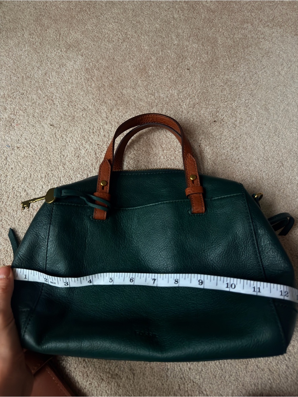Fossil Dark Green Rachel Leather Satchel with Brown Handles - Picture 5 of 6